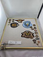 Full view of the board displaying all Harley Owners Group pins and patches, including large patches and multiple small pins arranged around them.