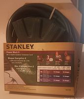 Front view of the Stanley Power Block 8 ft outdoor extension cord packaging showing product name, length of 8 ft, 3 outlets, and electrical specifications.