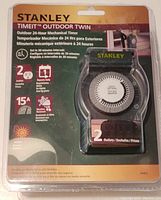 Front view of Stanley TIMEIT Outdoor Twin timer packaging showing product features and branding.