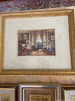 Close-up of 'Music Parlour' miniature framed wall art showing an interior music room scene with piano and window.