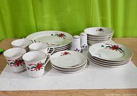 Complete set of 21 pieces arranged showing all plate sizes, cups, and shakers with Christmas design visible.