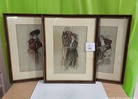 Photo showing all three framed color prints with wooden frames and mats, leaning against a green background.