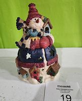 Front view of ceramic tea light holder snowman with bird houses at base, showing hat, scarf, and blue jacket with star cutouts.