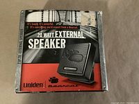 Boxed Uniden Bearcat 20 Watt External Speaker showing front and top with logos and text