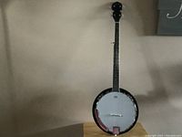 Full view of Donner 5-string banjo with metal hardware and wooden bridge.