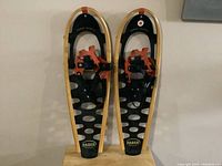 Pair of Fabre wooden snowshoes shown standing upright with black decking and light wood frames, bindings visible on front side.