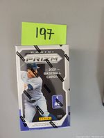 Front view of the sealed 2021 Panini Prizm Baseball card cereal box showing player image and branding.