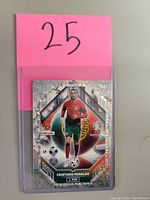 Front side of Cristiano Ronaldo 2024 EURO insert soccer card featuring player, Portugal kit, and holographic design.