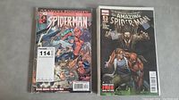 Front covers of two Spider-Man comic books including a Marvel Knights Spider-Man and The Amazing Spider-Man issue