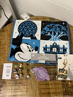 Overall shot of all items showing the bag, pins, magnet, and keychain together