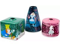 Three decorative vases featuring Alice in Wonderland characters in Mary Blair style on a white background