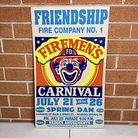 Full view of vintage carnival poster advertising Friendship Fire Company No.1 event with clown image and event details.