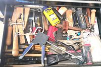 Top drawer shot showing various hand tools including the Record rabbet and block planes, Marples marking gauge, rasps, scrapers, cutters, and other hand tools.