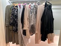 Photo of various women's clothing items hanging on a clothing rack including jackets, dresses, sweaters, and tops in neutral and muted colors.