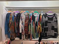 Wide view of 9 assorted ladies tops including sweaters and blouses hanging on hangers showing various prints and colors
