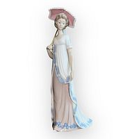 Front view of the Lladro Viennese lady figurine holding an attached parasol.