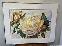 Frontal view of the framed watercolour painting depicting a large rose and rosebud in soft pastel tones.
