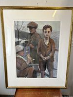 Framed pastel painting showing three figures: a seated figure, a standing figure, and a young boy in foreground. Painting matted and framed in simple gold frame.