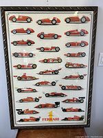 Framed poster showing side views of classic Ferrari Formula 1 race cars from various years between 1948 and 1991, arranged in rows with model details.