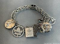 Full view of silver charm bracelet showing all charms