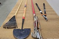 Full view showing four garden tools laid out on a beige surface: a rake, a lawn edger, a tree trimmer, and branch cutters.