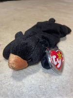 Black Beanie Baby bear lying flat, showing the front and head, with original Ty tag protector visible.