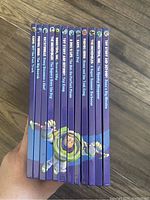 Side view showing 15 hardcover books themed around Toy Story with purple spines featuring different story titles.