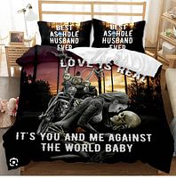 Queen size duvet set with motorcycle, woman, and skull design laid out on bed.