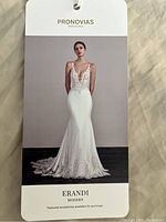 Closed studio photo of Pronovias Erandi modern wedding dress on model showing front view with lace detailing and fitted design