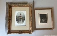 Two framed etchings side by side on neutral background, showing size difference and framing style.