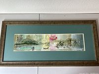 Full view of framed original Asian inspired rice paper painting with landscape and figures.