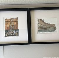Two framed prints by Zoe Kenway depicting Paxton & Whitfield shop and The Royal Crescent in Bath displayed side by side, showing overall size and color.