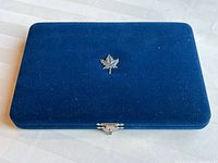 Closed blue velvet case with silver maple leaf on top.