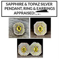 Close-up image of the ring and earrings showcasing yellow topaz stones surrounded by multiple layers of clear stones set in silver.