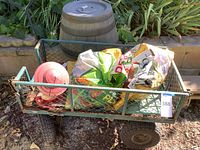Photo of a green metal mesh garden cart containing gardening supplies including a large red plant pot and two bags of potting soil