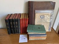Photo of antique books including Audels Carpenters and Builders Guide volumes 1-4, Audels Masons and Builders Guide volumes 1-4, Observers Books of Automobiles and Aircraft, and large leather bound Tredgolds Carpentry book.