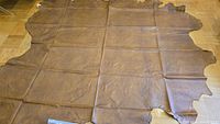 Full view of one large tan leather hide laid flat on parquet floor showing overall size and natural leather edges.