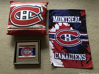 Photo showing three Montreal Canadiens memorabilia items: pillow, hand towel, and framed logo picture, all on carpeted floor.