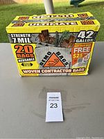 Box of 7 woven contractor bags, Ultimate series, 42 gallon capacity, 7 mil strength, reusable, Demo Bags brand.