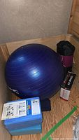 The full lot showing a blue Reebok 55 cm exercise ball next to an ab wheel and a rolled acupressure mat.