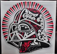 Front view of the 20x20 inch canvas showing the detailed graphic of Darth Vader's helmet with red and black patterns and decorative elements.