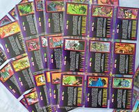 Spread of the backs of several DEATHWATCH 2000 cards showing character descriptions and stats on purple border backgrounds.