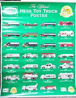 Full view of Hess Toy Truck poster with images of all toy models from 1964 to 2000 in order, on green background with text and logos.
