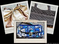 Three assorted women's purses arranged on a carpeted surface showing overall size and styles: quilted Vera Bradley floral wristlet in blue, medium Marc New York leather purse in tan and cream, larger brown leather purse with stitch pattern.