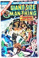 Front cover of Giant-Size Man-Thing #2 comic showing Man-Thing in a wild scene with scared people surrounding him. Marvel Comics Group header, 68 big pages, price 50 cents.
