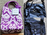 Front and back views of purple and white insulated lunch bag with handles and cross body bags showing details