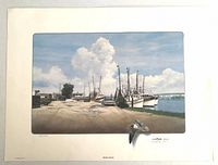 Full view of the Shrimp Docks print showing shrimp boats docked at a pier with cloudy sky and a pelican in foreground. Artist signature and edition number visible.