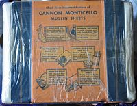 Original package of two Cannon Monticello muslin sheets with detailed feature description printed on orange label, packaging fragile and mostly intact