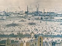 Close-up detailed view of the city scene print showing buildings, smokestacks, and crowd details.