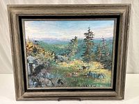 Full view of the original framed painting showing the mountain valley landscape with trees, rocks, and distant hills under a blue sky.